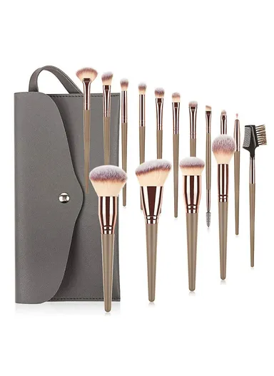 15 Pcs Makeup Brush Set With Case - Grey