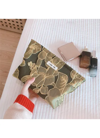 Women Embossed Flower Canvas Makeup Bag Travel Toiletry Organizer Cosmetic Pouch (L27 x W18 x T5)cm - Black/Gold