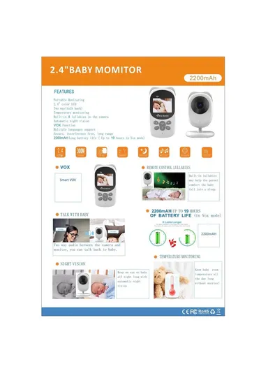 2.4" Temperature Monitoring Lullabies Night Vision Long Range LCD Baby Monitor Wireless Camera 990 - EU Plug