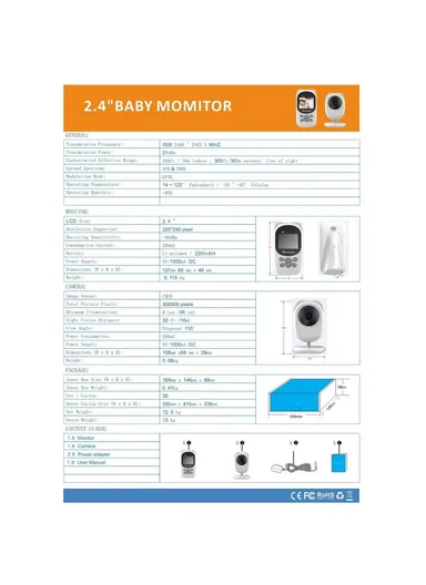 2.4" Temperature Monitoring Lullabies Night Vision Long Range LCD Baby Monitor Wireless Camera 990 - EU Plug